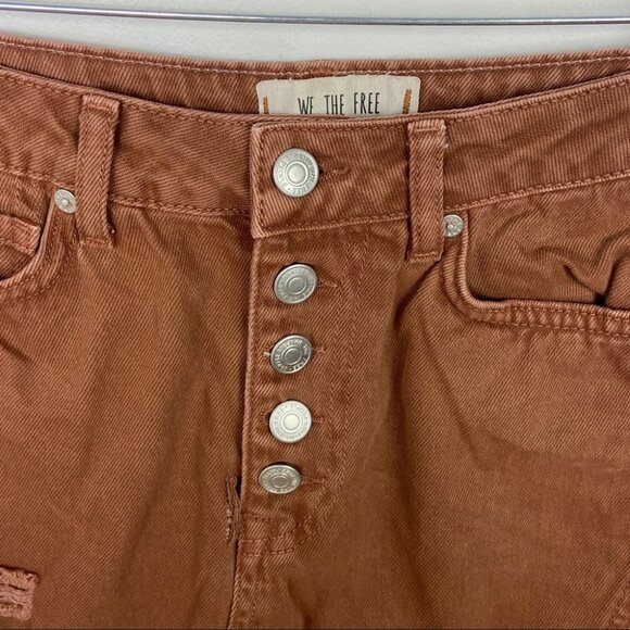 Free People Retro Brown Distressed Denim Mini Size Size 26 or Small Boho Button - Picture 6 of 10